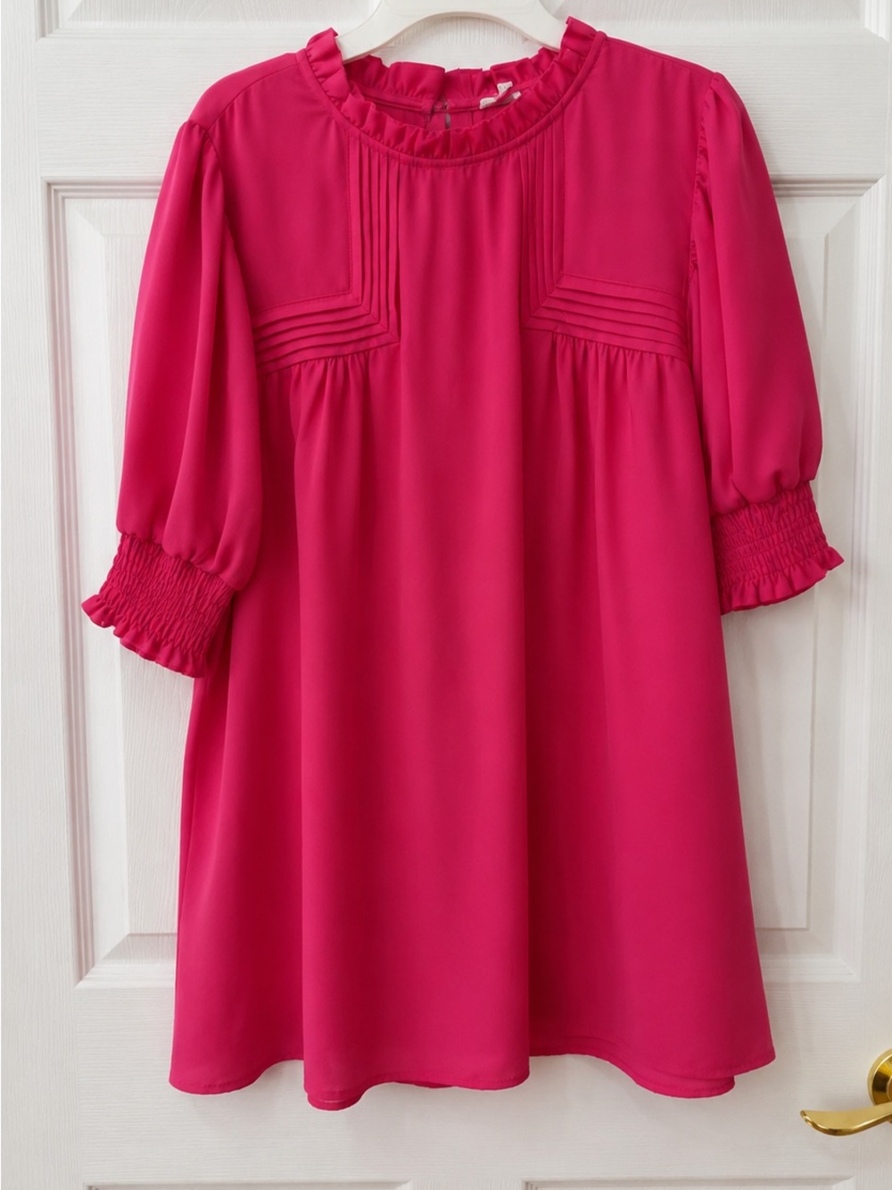 JODIFL Hot Pink Ruffle Neck Pintuck Blouse